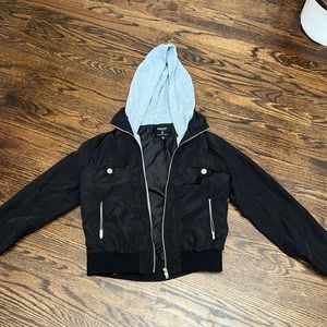 Black and Gray Hooded Leather Jacket